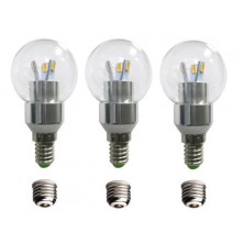 LED Round Bulb with a Candelabra Base, E12, 3 Pack, 230 Lumens, 3 Watts, Warm White, Dimmable, Comes with E26 Adapters, 25 Watt G35 or G45 Equivalent