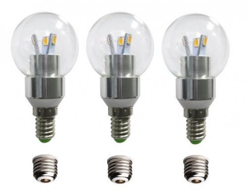 LED Round Bulb with a Candelabra Base, E12, 3 Pack, 230 Lumens, 3 Watts, Warm White, Dimmable, Comes with E26 Adapters, 25 Watt G35 or G45 Equivalent