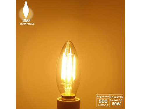 LED Filament Candelabra Bulb, 4.5W (60W Equiv.), UL-listed Vintage Style E12 Lamp Bulb, 2700K Soft White, 360° Beam Angle