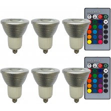 3-in-1 RGB Multi Color LED E11 Floodlight Kit,2 24-Key IR Remote Controls, 3W Color Changing Bulb, Bead Surface Lens, Black, Pack of 6