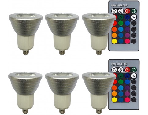 3-in-1 RGB Multi Color LED E11 Floodlight Kit,2 24-Key IR Remote Controls, 3W Color Changing Bulb, Bead Surface Lens, Black, Pack of 6