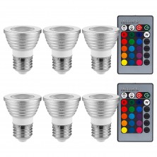 6 PACK 3W Multi-Color E26 LED Bulbs, Dimmable RGB Spotlight Bulbs with 2 Remote Controllers, Color Changing Reflector, LED Mood Light Bulbs, for General, Decorative, Accent Lighting - Silver