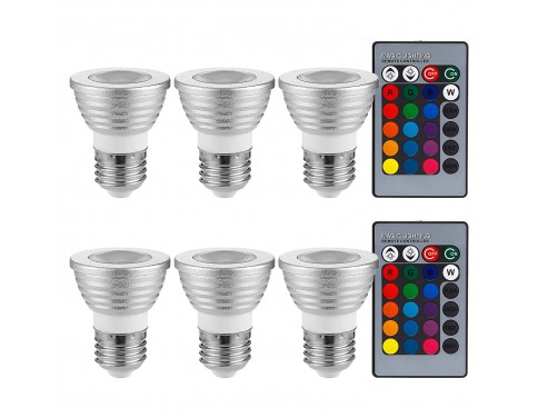 6 PACK 3W Multi-Color E26 LED Bulbs, Dimmable RGB Spotlight Bulbs with 2 Remote Controllers, Color Changing Reflector, LED Mood Light Bulbs, for General, Decorative, Accent Lighting - Silver