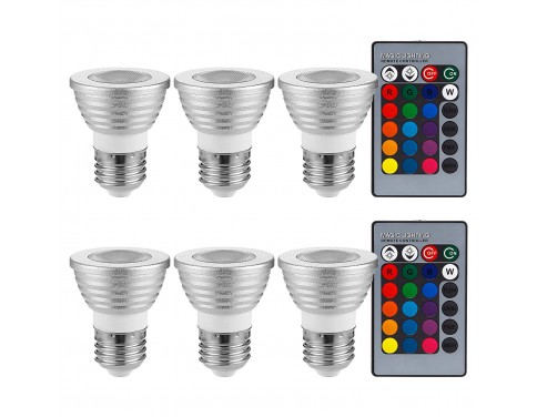 6 PACK 3W Multi-Color E26 LED Bulbs, Dimmable RGB Spotlight Bulbs with 2 Remote Controllers, Color Changing Reflector, LED Mood Light Bulbs, for General, Decorative, Accent Lighting - Silver