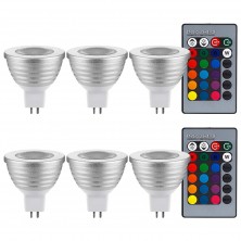 3-in-1 RGB Multi Color LED MR16 Floodlight Kit, 60° Beam Angle MR16 Bulb with GU5.3 Base, 2 24-Key IR Remote Controls, AC 12V 3W Color Changing Bulb, Bead Surface Lens, Silver, Pack of 6