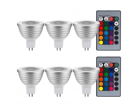 3-in-1 RGB Multi Color LED MR16 Floodlight Kit, 60° Beam Angle MR16 Bulb with GU5.3 Base, 2 24-Key IR Remote Controls, AC 12V 3W Color Changing Bulb, Bead Surface Lens, Silver, Pack of 6