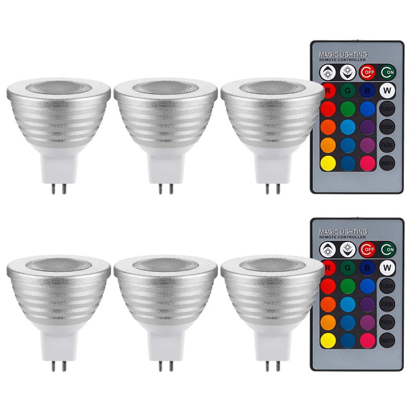 3-in-1 RGB Multi Color LED MR16 Floodlight 60° Beam Angle MR16 Bulb with GU5.3 Base, 2 24-Key IR Remote Controls, AC 12V 3W Color Changing Bulb, Bead Surface Silver, Pack
