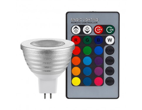 3W Multi-Color MR16 GU5.3 LED Bulbs, 12V Dimmable RGB Spotlight Bulb with Remote Controller, Color Changing Reflector, LED Mood Light Bulbs, for General, Decorative, Accent Lighting - Silver