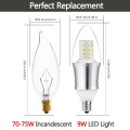 3-Pack SWEETY STYLE 9 Watt Soft White 3000K B35 E12 Base LED Light Bulbs,70W-75W Incandescent Replacement,360 Omni-direction Candelabra 810 Lumens,3 Layers Torpedo Shape, Blunt Tip Plastic Cover,Silver Alumium Lamp Body