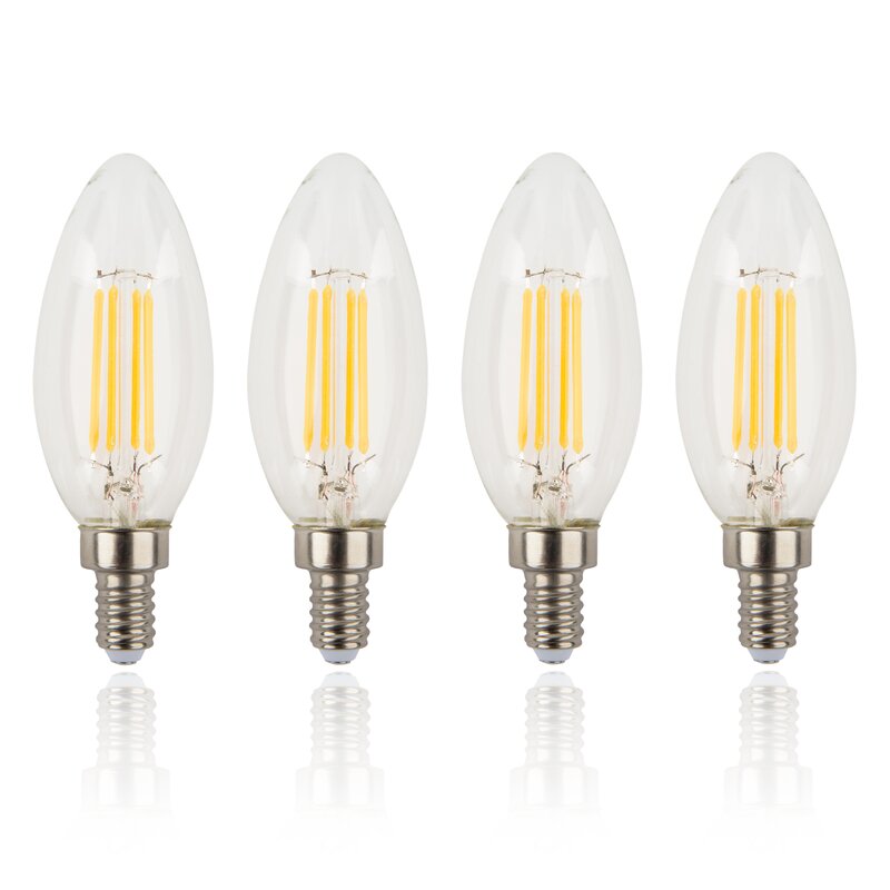 4-Pack 4W LED Filament Candelabra Bulb, 40W Incandescent Replacement, Warm White 2700K, 350 Lumens, 270° Beam Spread, E12 Candelabra Base, Torpedo Shape