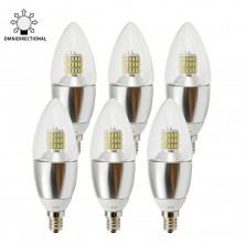 7W Dimmable B35 E12 Daylight 6000K LED Candle Bulb, 50W-70W Incandescent Bulb Equivalent,360 degree Omni-directional LED Candelabra Light Bulbs, Dimmable to 20%, 3 Layers Torpedo Shape,Blunt Tip Silver Alumium lamp body(6 Pack)