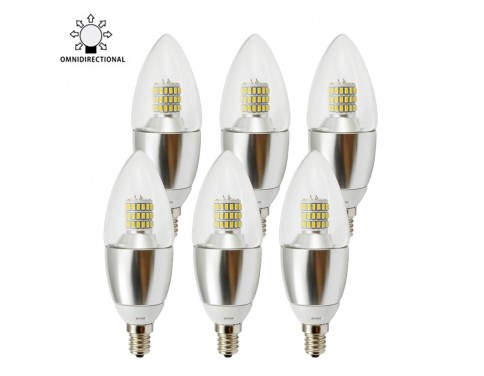 7W Dimmable B35 E12 Daylight 6000K LED Candle Bulb, 50W-70W Incandescent Bulb Equivalent,360 degree Omni-directional LED Candelabra Light Bulbs, Dimmable to 20%, 3 Layers Torpedo Shape,Blunt Tip Silver Alumium lamp body(6 Pack)