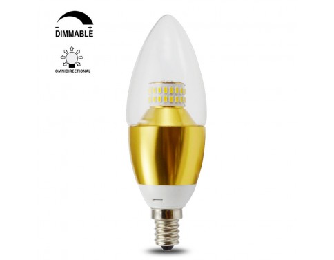6 Watt Dimmable B35 E12 LED Chandelier--60W Incandescent Replacement--Soft White 3200K,360° Omni-direction Candelabra 550 Lumens,2 Layers Torpedo Shape,Blunt Tip Glass Cover，Golden Alumium Lamp Body