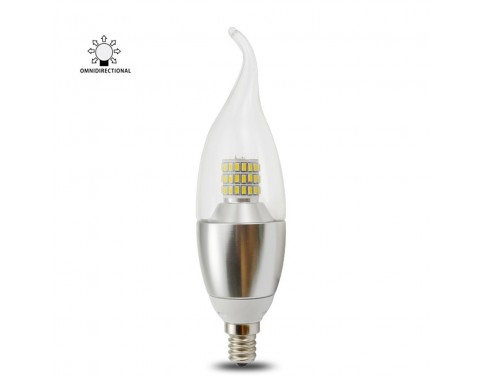 Torpedo shape 7 watt dimmable e12 led chandelier light bulbs 75w incandescent replacement Bent Flame Tip Silver Alumiuma 360° Omni-direction Candelabra Base Bulb