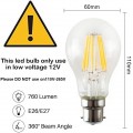 36V AC/DC CLEAR A60 B22 LED Filament GLOBE Bulb Warm White 2700K 8W Vintage Non Dimmable for RV Camper Marine Yacht Solar System