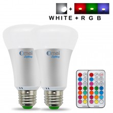 OmaiLighting RGBW 10w A19 LED Bulbs - Timing Remote Controller - Color Changing 10 Watt LED Bulbs - Double Memory - Wall Switch Control – Daylight White and Color (Pack of 2)