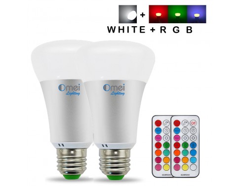 OmaiLighting RGBW 10w A19 LED Bulbs - Timing Remote Controller - Color Changing 10 Watt LED Bulbs - Double Memory - Wall Switch Control – Daylight White and Color (Pack of 2)